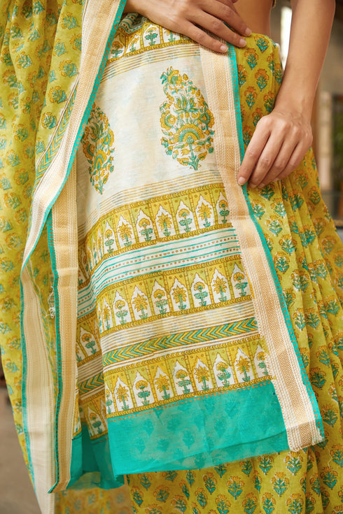 Handwoven Lemon Maheshwari Cotton Silk Saree